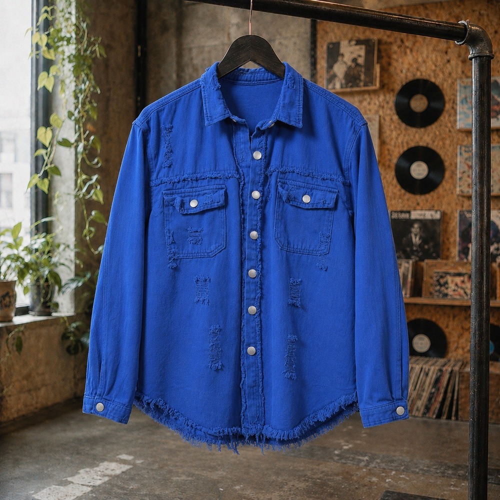 Electric Blue Distressed Denim Shacket Oversized Raw Hem Button Up Jacket L